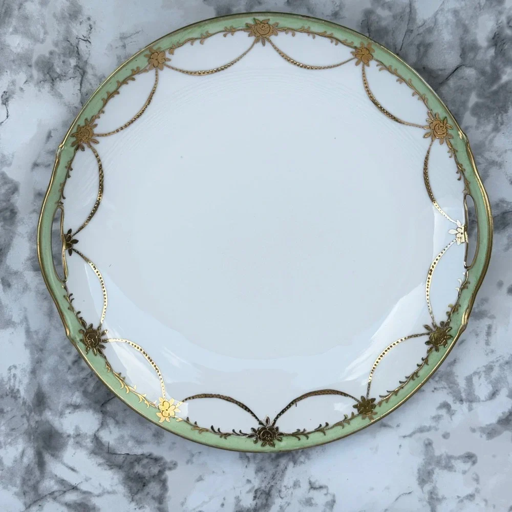 Antique Nippon Hand Painted Porcelain Cake Plate Gold Moriage Green Floral 10in